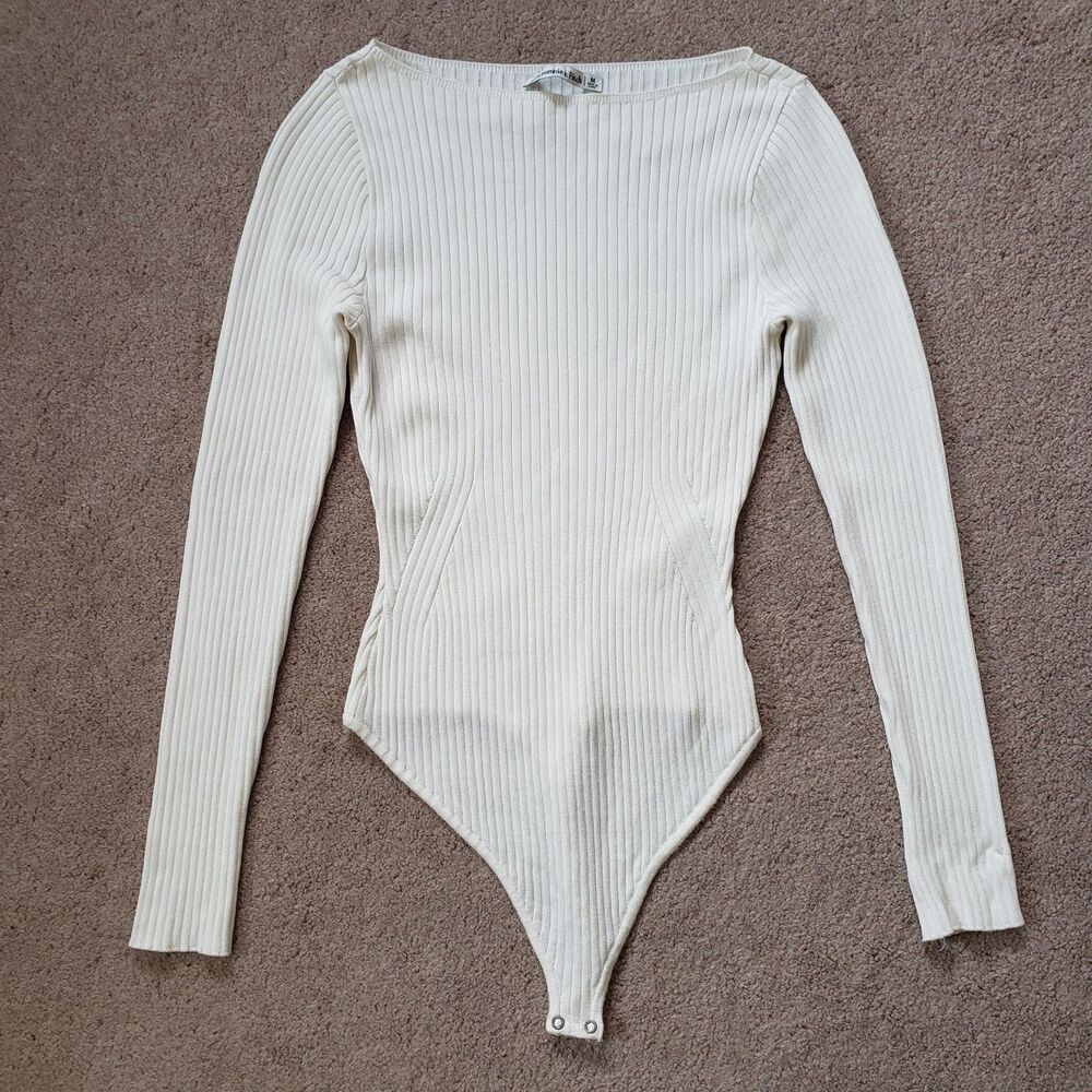 Abercrombie & Fitch Ivory Ribbed Long Sleeve Bodysuit Ivory Wide Boat Neck Med